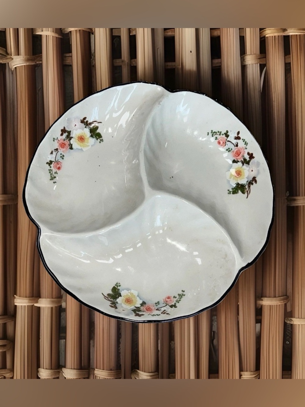 Vintage Ceramic 3 Section Divided Serving Dish Floral Scalloped Black Trim 9in